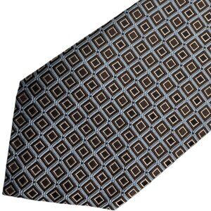 Canali Italy Silk Tie Blue Brown Geometric Square Woven Jacquard Textured Luxury